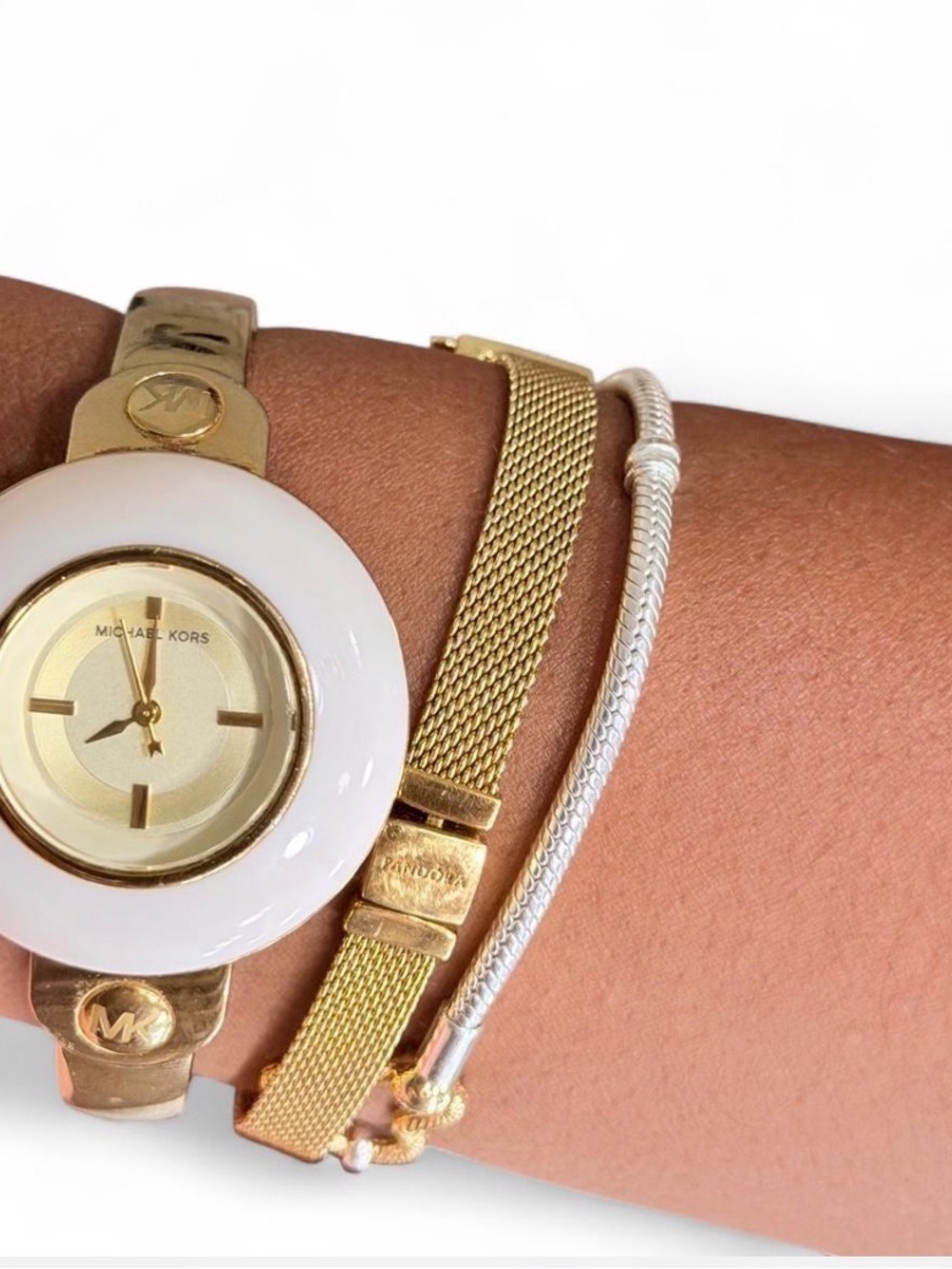 Michael Kors Gold-Tone Cuff Watch with White, Pink & Tortoiseshell Bezels - Picture 2 of 7